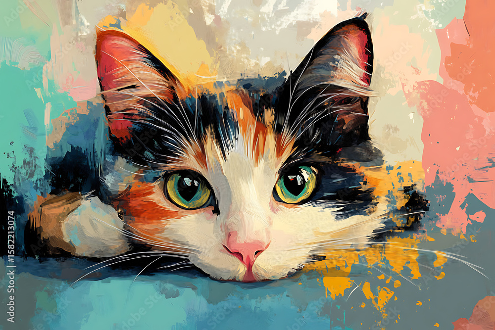 Poster colorful artistic portrait of a calico cat resting on a surface with vibrant abstract background