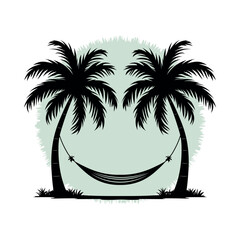 Vector illustration of two palm trees with a hammock hanging between them in silhouette style. Perfect for tropical themes, vacation ads, beach decor, and summer relaxation concepts.