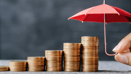 Protecting investments with umbrella over stacked coins symbolizes financial security