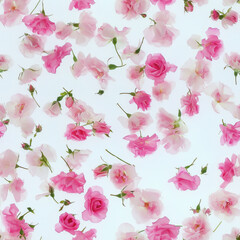 Pink and white flowers scattered on light background create delicate and romantic pattern, evoking sense of elegance and tranquility