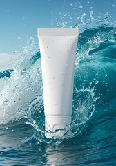 White tube of cosmetic product in ocean waves