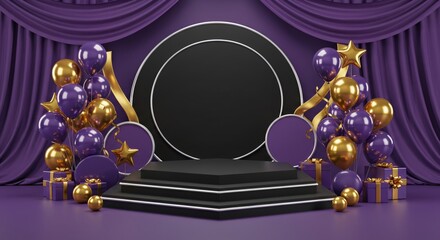 Black podium with purple Christmas decorations and golden ornament for product display. Holiday celebration scene for web banner.