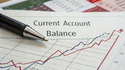 Current account balance graph with upward trend and pen, illustrating financial growth