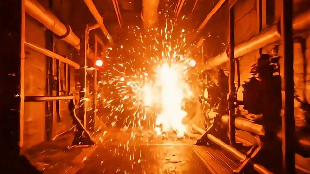 Dynamic industrial fire explosion with sparks in a dark tunnel