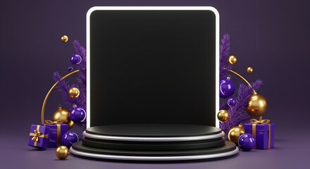 Black podium with purple Christmas decorations and golden ornament for product display. Holiday celebration scene for web banner.