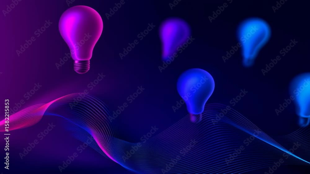 Poster colorful light bulbs floating above a vibrant wave of digital particles, creating an abstract repres