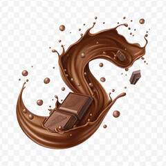 realistic 3d chocolate fluid splash flow with drops, bubbles  in curve style isolated on transparent background