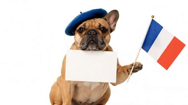 A brown bulldog wearing a blue beret holds a blank white sign and waves a French flag against a white background