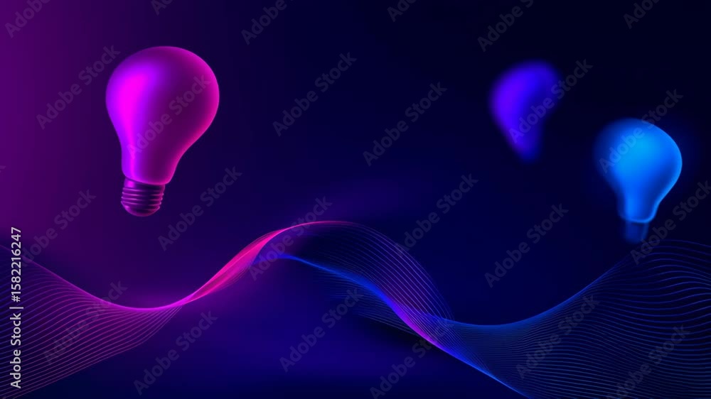 Poster colorful light bulbs in shades of pink and blue floating above a vibrant wave of digital patterns, c