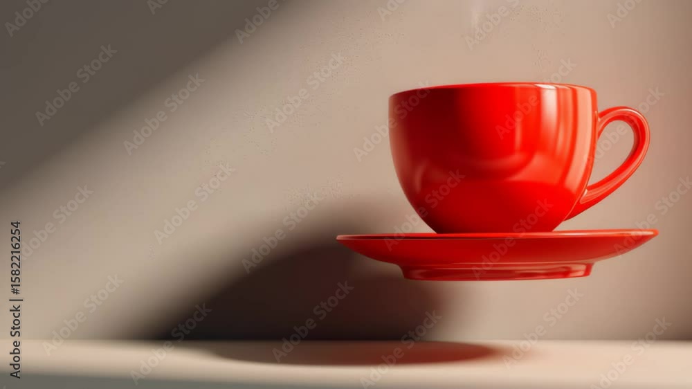 Aufkleber vibrant red coffee cup and saucer elegantly positioned on a minimalist surface, illuminated by soft 