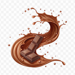realistic 3d chocolate fluid splash flow with drops, bubbles  in curve style isolated on transparent background