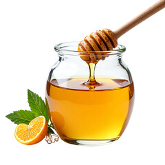 Honey jar glass dipper sweet isolated, Natural bee product dessert, Golden sticky liquid treat, Classic pantry staple item, Transparent PNG isolated condiment