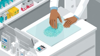 Customer places thumbprint at a pharmacy counter for payment, reflecting biometric security. 