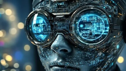 Futuristic close-up of a humanoid figure with cybernetic features, illuminated by digital lights - Powered by Adobe