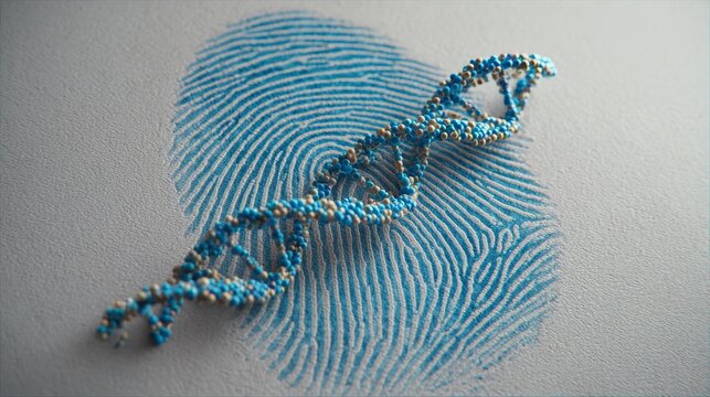 DNA helix emerges from fingerprint in 3D, linking genetics to identity.