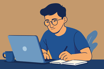 Working and Learning: A young man engrossed in study, skillfully balancing work and education by using a laptop while simultaneously taking notes.