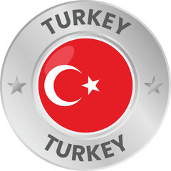 Turkey flag in silver colored medal. National flag in metal circle emblem.
