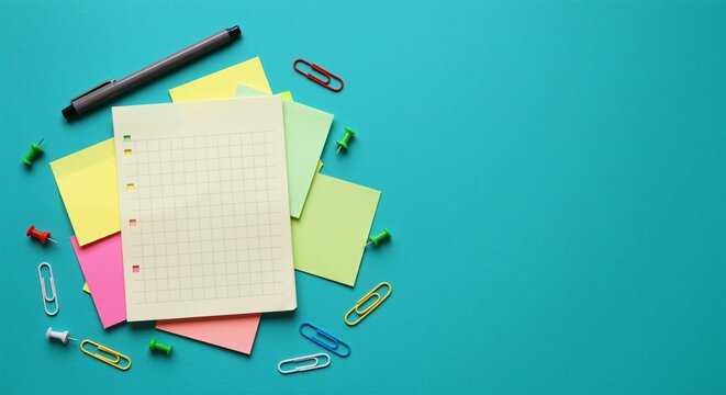 Bright Workspace Top-View Composition of Colorful Sticky Notes, Grid Paper, Pen, and Clips on Teal Background for Creative Tasks, Planning, and Reminders. Organize and remember with style.