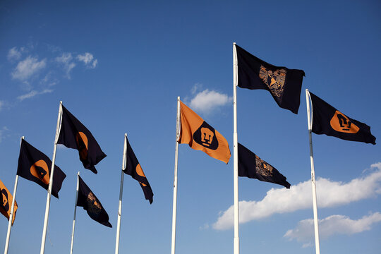 Ciudad de Mexico, Mexico - March 8. 2025: UNAM and Pumas team flags flying