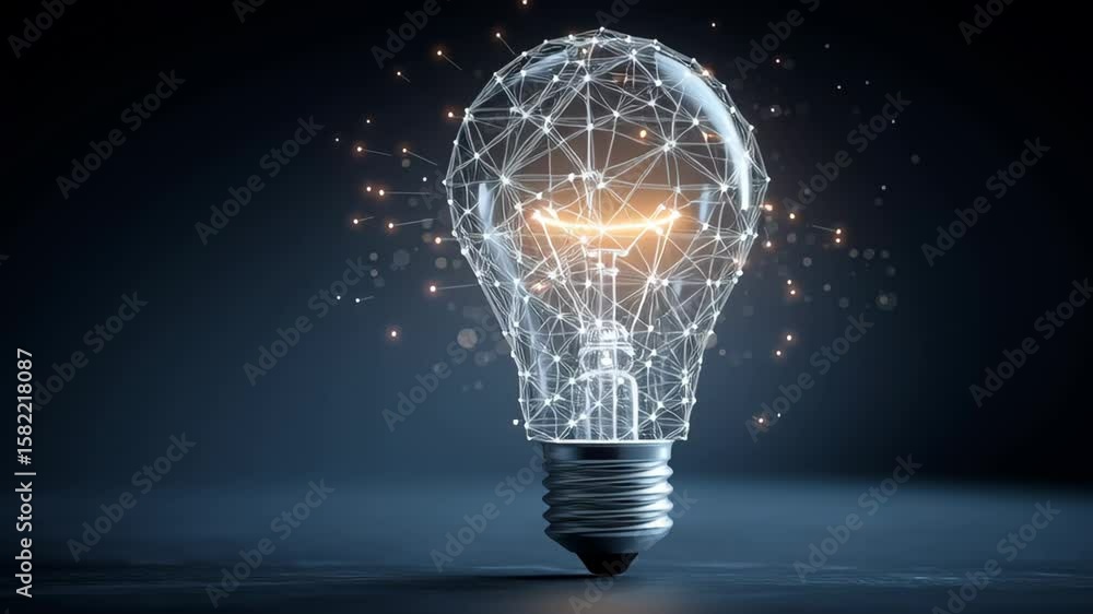 Poster light bulb with glowing filament surrounded by digital connections and sparks, representing innovati