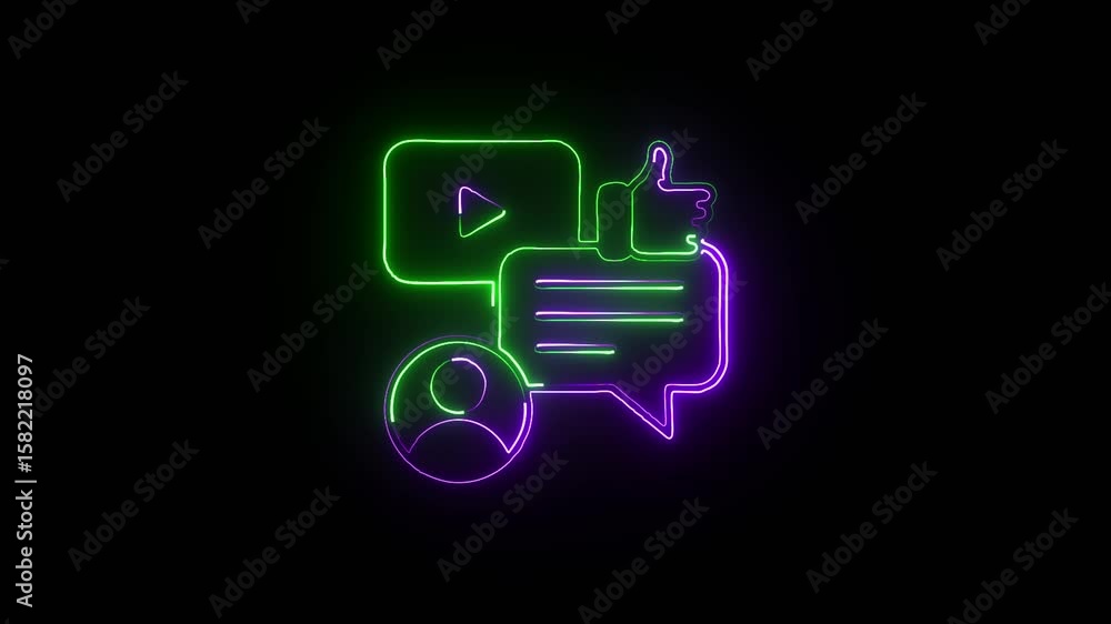 Poster neon glowing icon of a chat bubble with play button and video elements, illuminated in green and pin