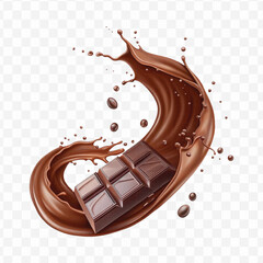 realistic 3d chocolate fluid splash flow with drops, bubbles  in curve style isolated on transparent background