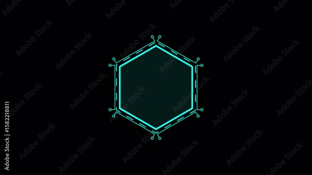 Poster glowing cyan hexagon with circuitry on black background animation.alpha chanel video.