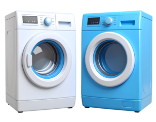 3D Render of Dual Compact Washing Machines with Minimalist Design and Metallic Accents, Transparent Background