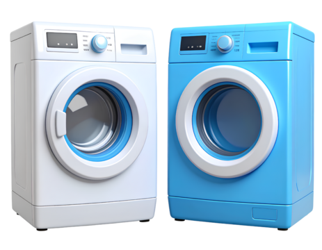 3D Render of Dual Compact Washing Machines with Minimalist Design and Metallic Accents, Transparent Background