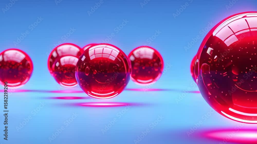 Aufkleber red translucent spheres arranged in a line on a smooth surface, reflecting light with a vibrant blue
