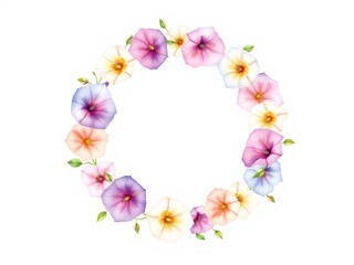 A delicate, hand-drawn circular wreath featuring morning glories in soft pastel watercolor strokes.