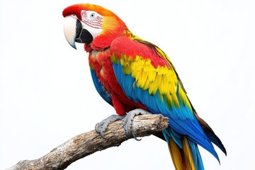 Fototapeta premium Vibrant Majesty Scarlet Macaw Portrait Exotic Bird Tropical Beauty and Nature on white background. Generative Ai