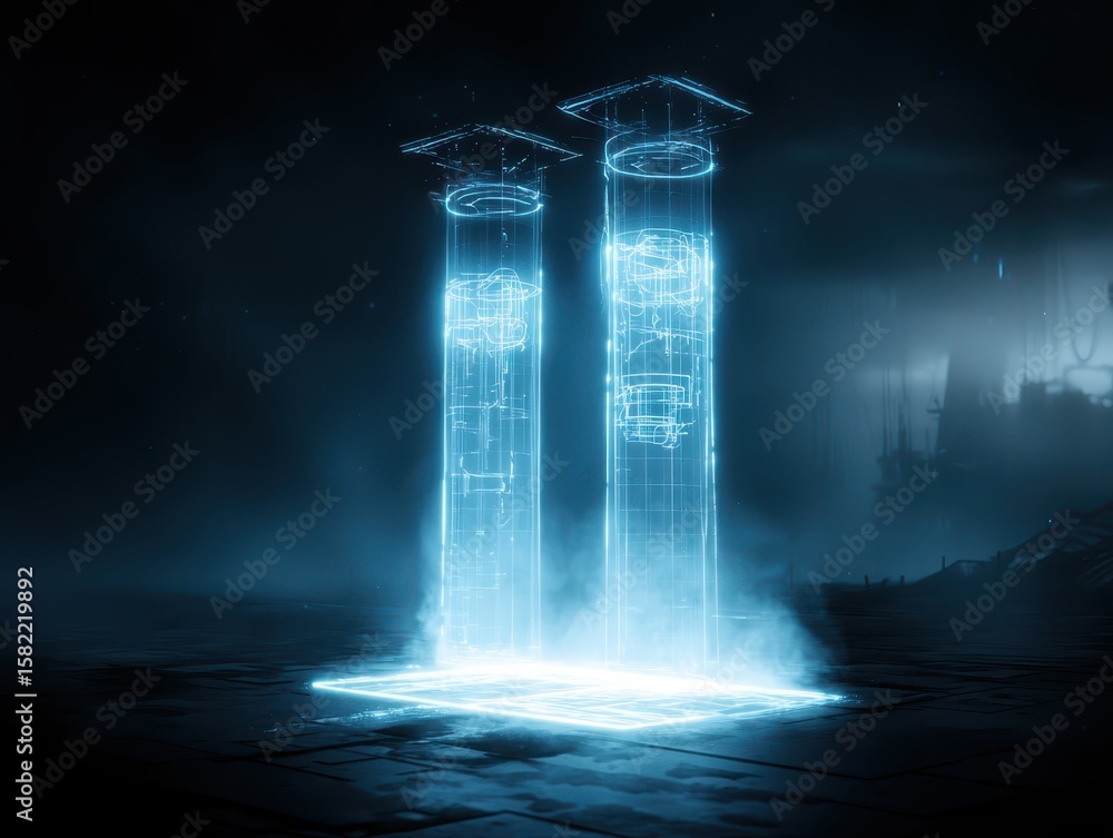 Poster engineer construction site concept. futuristic glowing structures with a mystical aura in a dark env