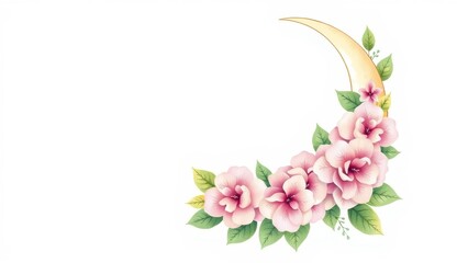A delicate crescent moon floral arrangement featuring hydrangeas and hand-painted leaves, rendered in a soft pastel hand-drawn style.