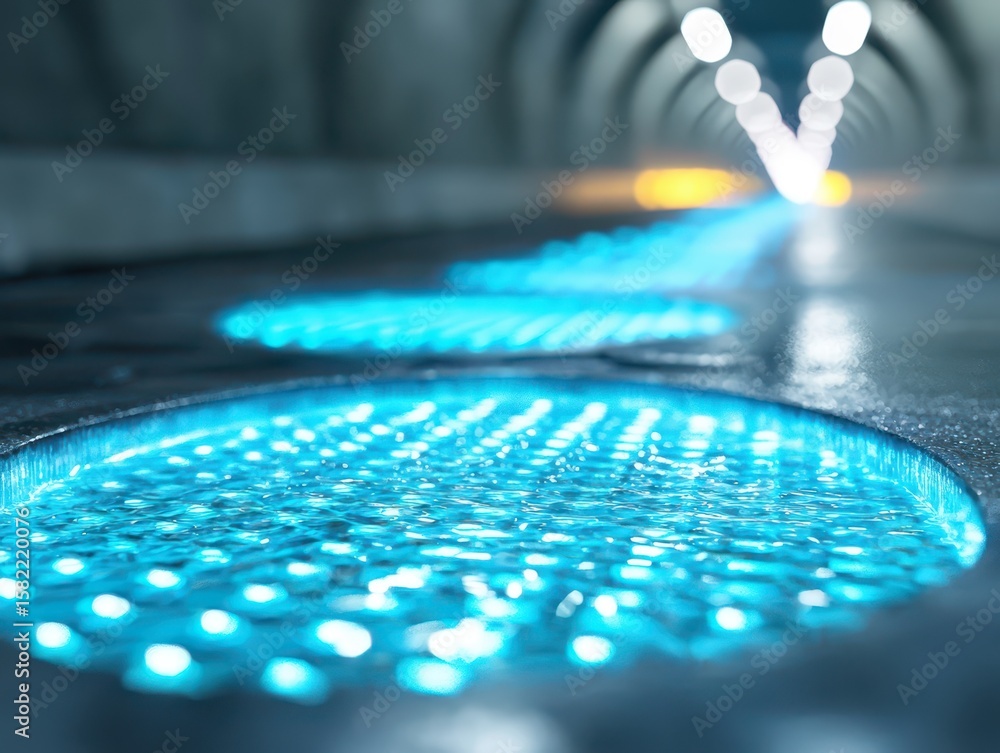 Poster engineer construction site concept. illuminated tunnel with blue light patterns and a blurred backgr