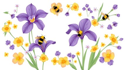 A kawaii cute illustration of a loose scattered floral edge made of iris, with bees and bumblebees.