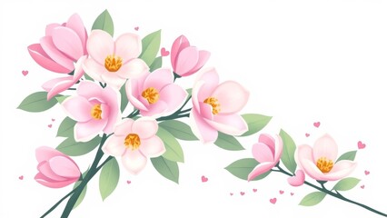 A diagonal border bouquet of magnolias, with hearts and stars, in flat vector design.