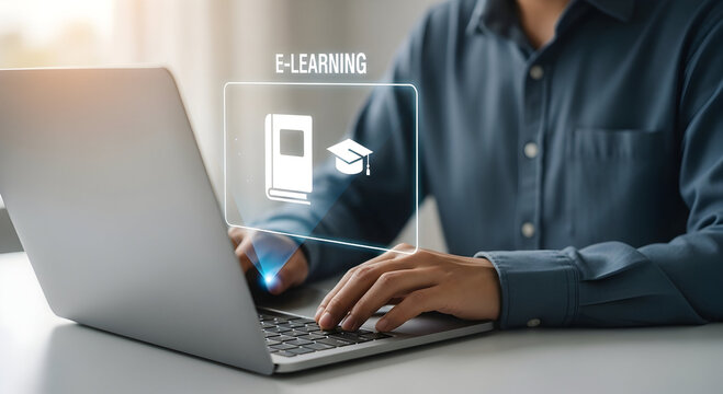 Virtual learning experience showcased by a person typing on a laptop with interactive digital elements.