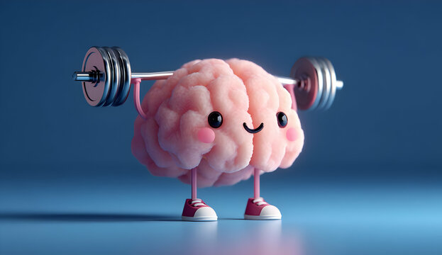 A cute cartoon brain lifting weights, symbolizing mental strength and fitness. This whimsical representation encourages a strong mind-body connection.