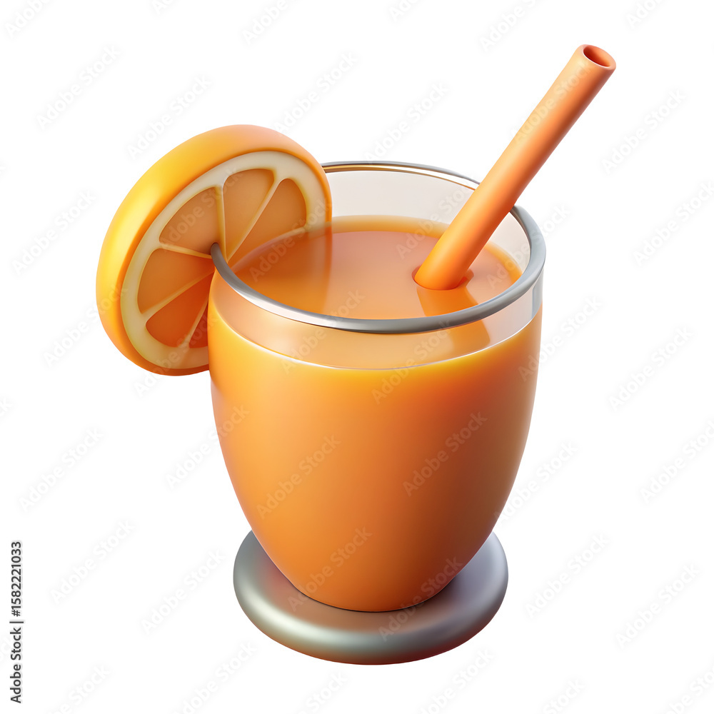 Poster refreshing orange juice glass with straw and slice 3d render on transparent backdrop