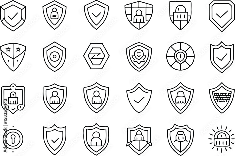 Aufkleber collection of modern minimalist thin line shields for web and digital applications featuring essenti