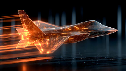 A futuristic aircraft, glowing with digital light, appears to accelerate through a high-tech environment, showcasing advanced technology and innovation.
