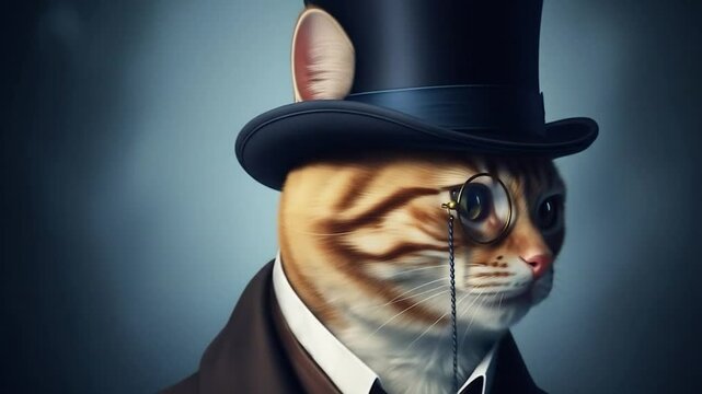 cat with hat, eye glass and wearing on blue background animation