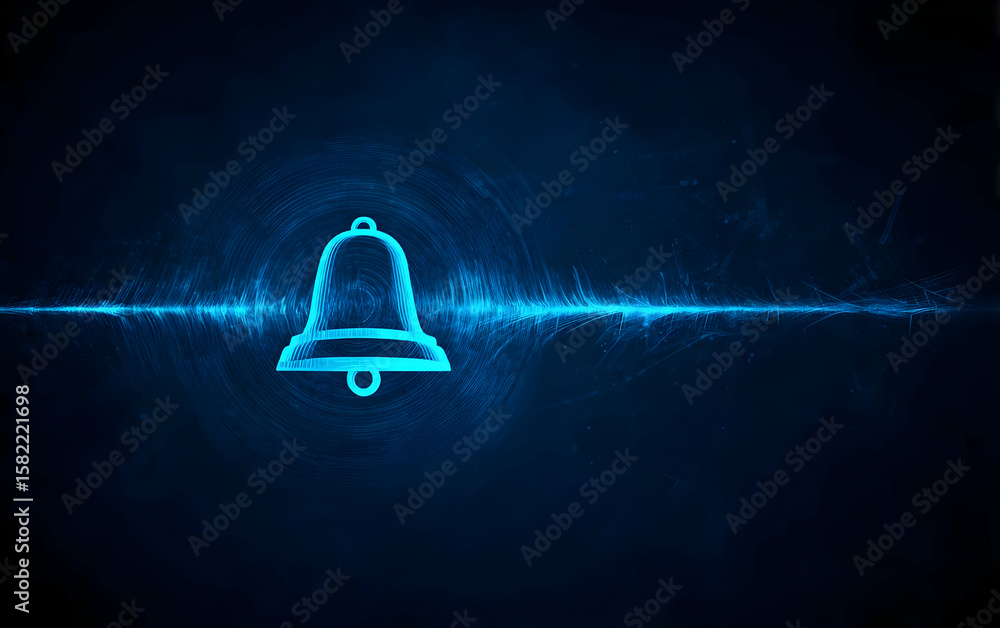 Poster a digital representation of a bell icon illuminated in blue, symbolizing notifications and alerts in