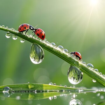 Two red ladybugs on a green leaf with water droplets. The background is softly blurred, showcasing a natural, fresh environment.