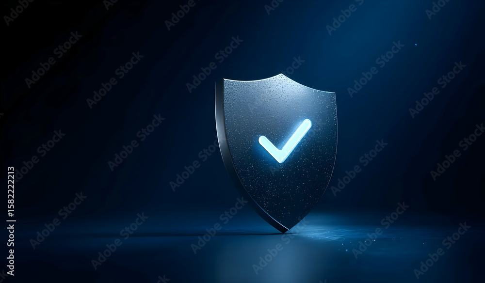 Poster a glowing shield icon with a check mark symbolizes security, protection, and trust in digital enviro