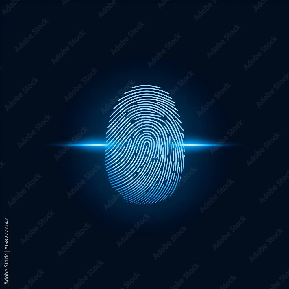 Poster a futuristic digital fingerprint on a dark background, illustrating security and identity verificati