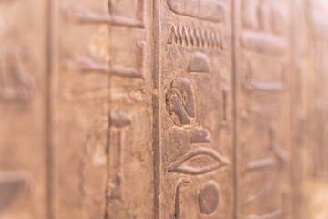 Ancient egyptian hieroglyphs showing profile of pharaoh carved in stone wall