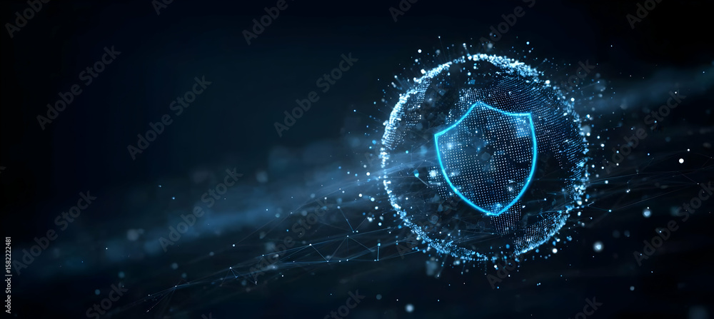 Poster a digital shield symbolizing cybersecurity, surrounded by particles of light on a dark background. i