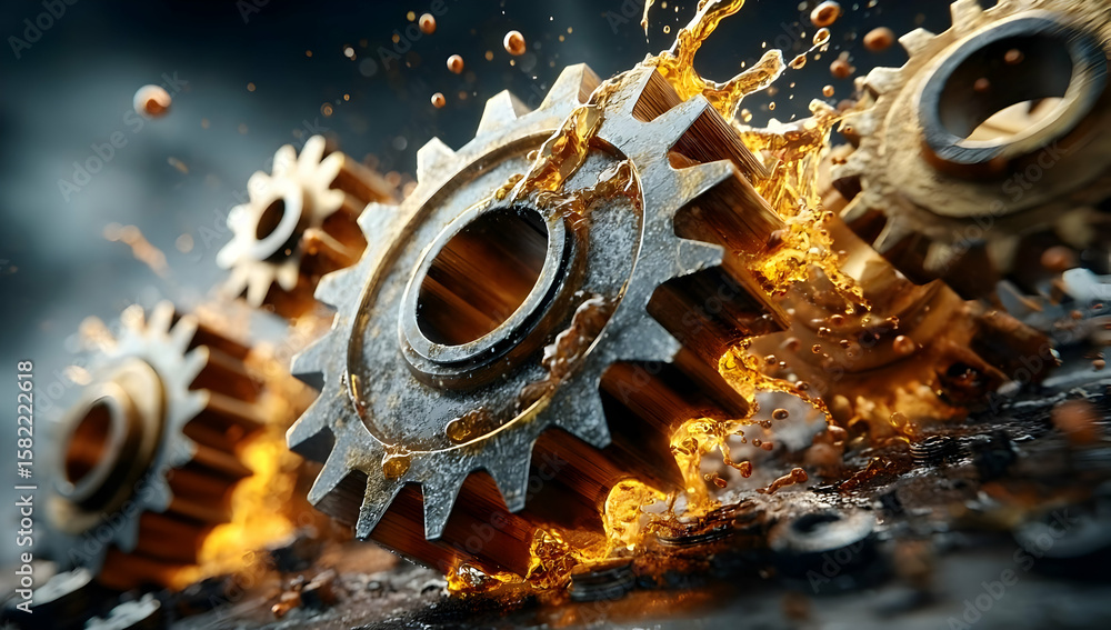 Poster a dynamic close-up of metallic gears in action, showcasing intricate details as they interact. the m